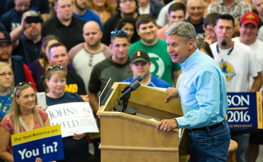 Libertarian presidential candidate Gary Johnson speaks during a campaign rally earlier this month at Grand View University in Des Moines, Iowa.