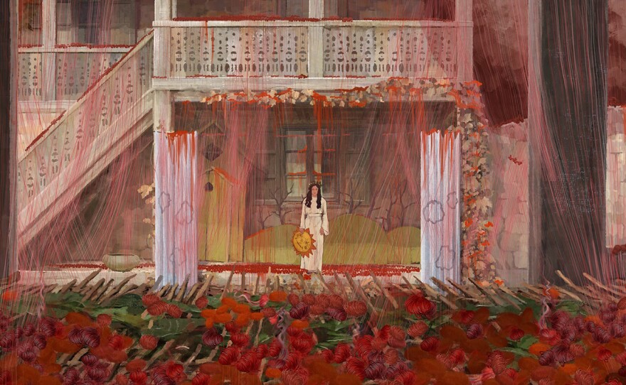 Aurora stovi viena su savo balta suknele ir gėlių karūna, prie šono laiko kaukę nuo saulės. Ji žiūri žemyn, apgailėtina, tarp raudonų siūlų ritių. Ši akimirka ateina po to, kai Aurora supranta, kad ji yra viena iš nedaugelio, išgyvenusių genocidą.