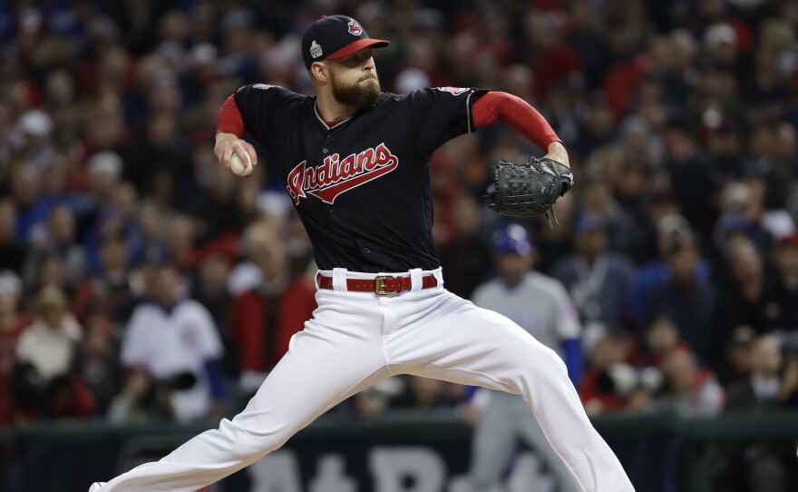 Cleveland Indians starting pitcher Corey Kluber throws against the Chicago Cubs during the first inning of Game 1 of the MLB World Series Tuesday.