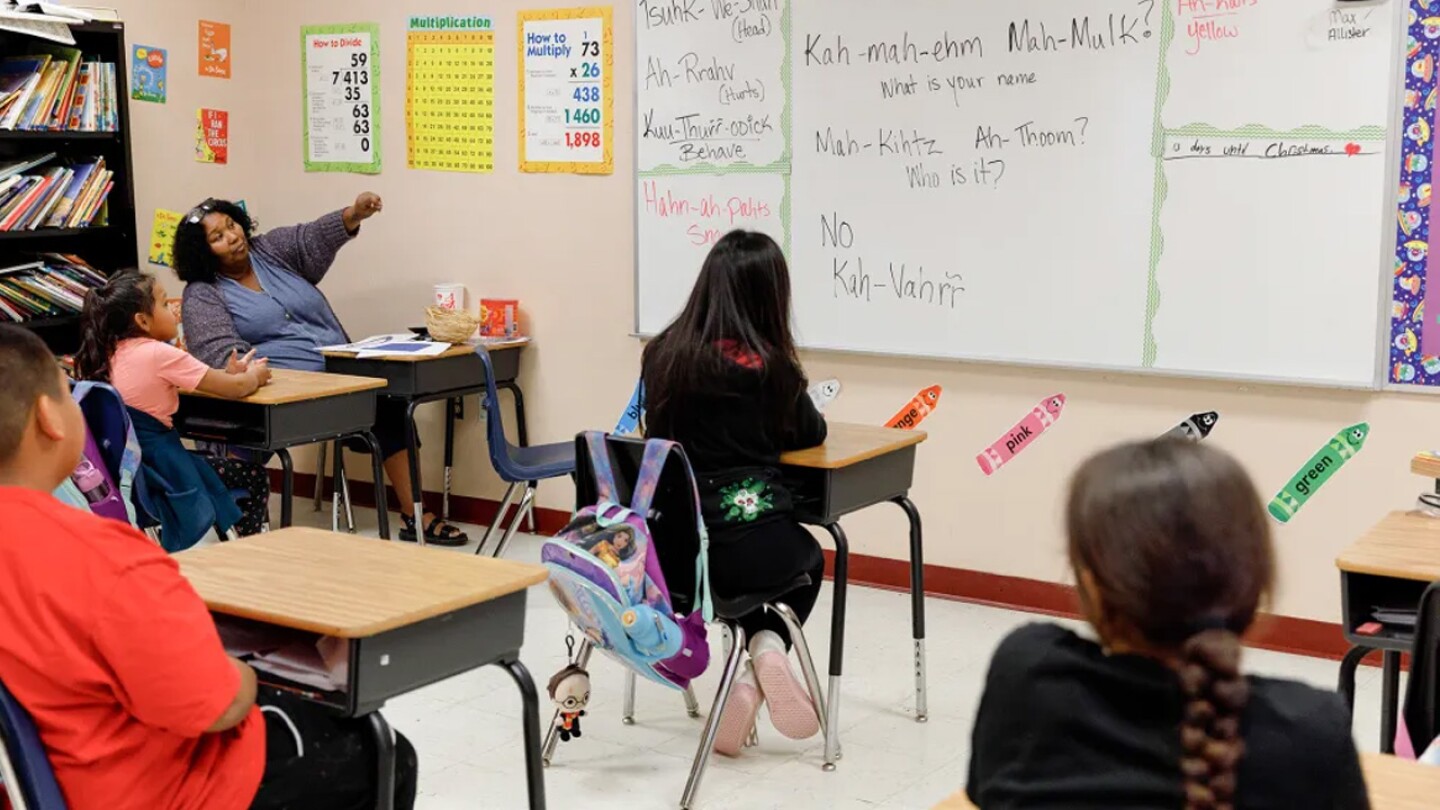 Pamela Manchatta teaches an after-school Quechan language class at the Quechan Education Complex on the Fort Yuma reservation. 