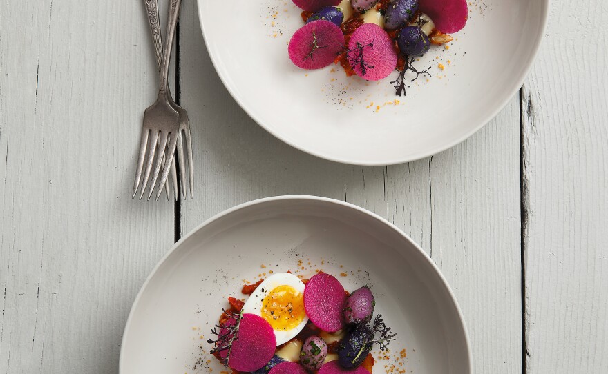 Potatoes, ramp kimchi, radish and soft-boiled egg. The recipe can be found in Jeremy Fox's new cookbook "On Vegetables."