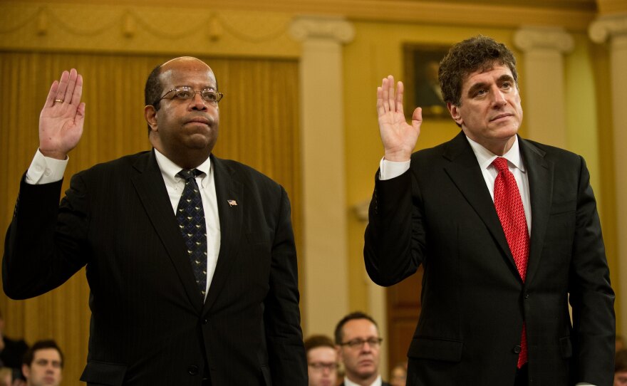 Outgoing acting Internal Revenue Service Commissioner Steve Miller (right) and Treasury Inspector General for Tax Administration J. Russell George are sworn before a full House Ways and Means Committee hearing Friday.