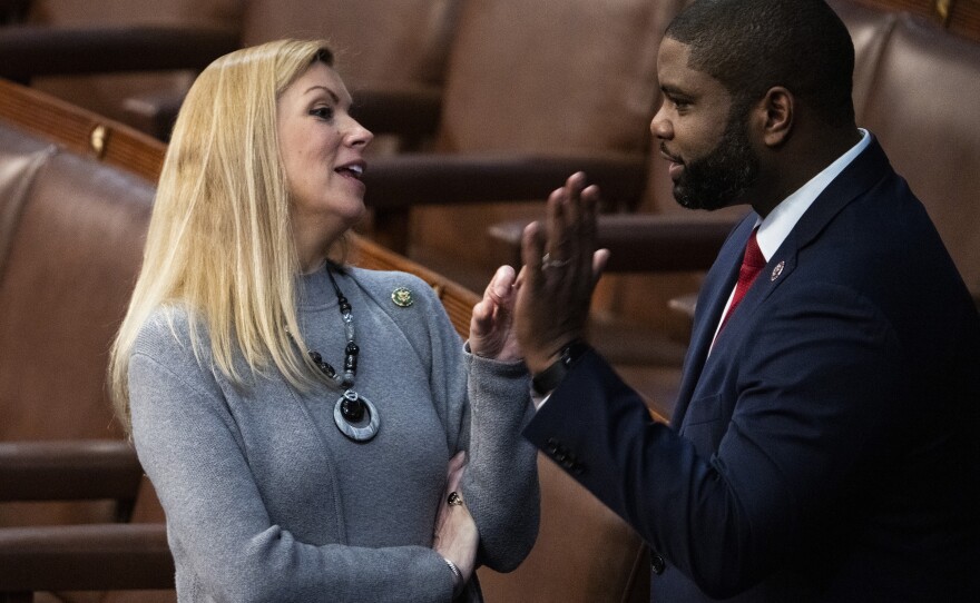 Reps. Beth Van Duyne, R-Texas, and Byron Donalds, R-Fla., are seen on the House floor during a vote in which Republican Leader Kevin McCarthy, R-Calif., did not receive enough votes for Speaker of House on Friday, January 6, 2023.