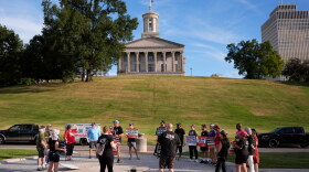 People gather during a March 4 Mercy protest against the death penalty at the Tennessee State Capitol, Sunday, Sept. 27, 2026, in Nashville, Tenn. ahead of the Sept. 30th scheduled execution of Christa Pike.