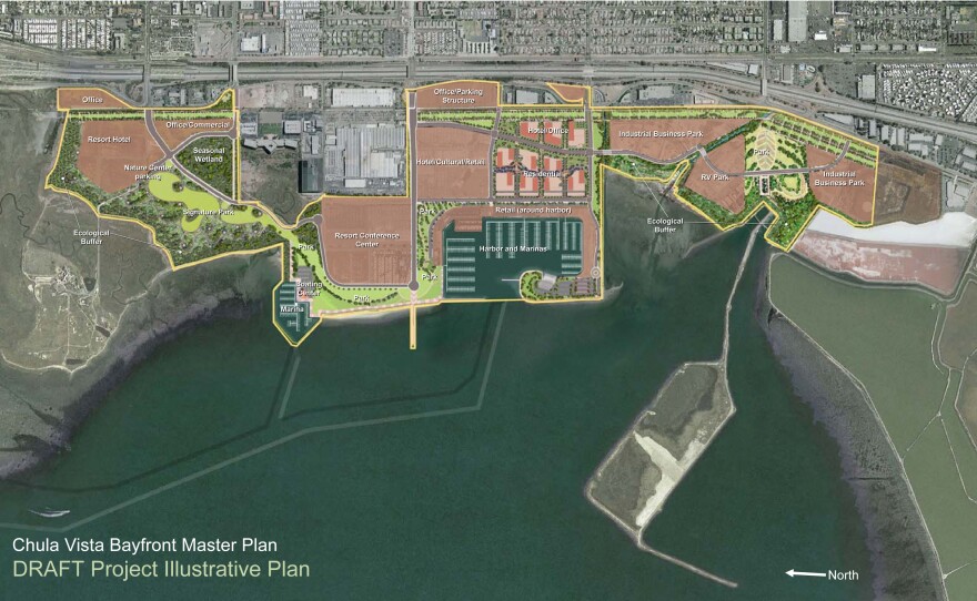 A satellite map of a proposed redevelopment project on the Chula Vista bayfront.