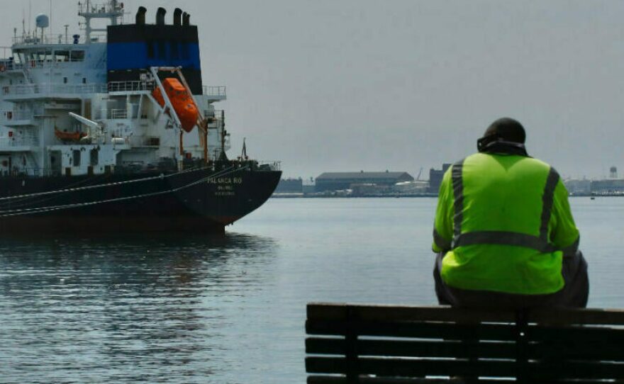Ships are docked at Patapsco River after the cargo ship Dali ran into and collapsed the Francis Scott Key Bridge.