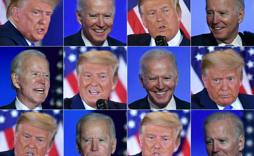 This combination of pictures shows Donald Trump and Joe Biden during the final debate at Belmont University in Nashville, Tenn., on Oct. 22, 2020.