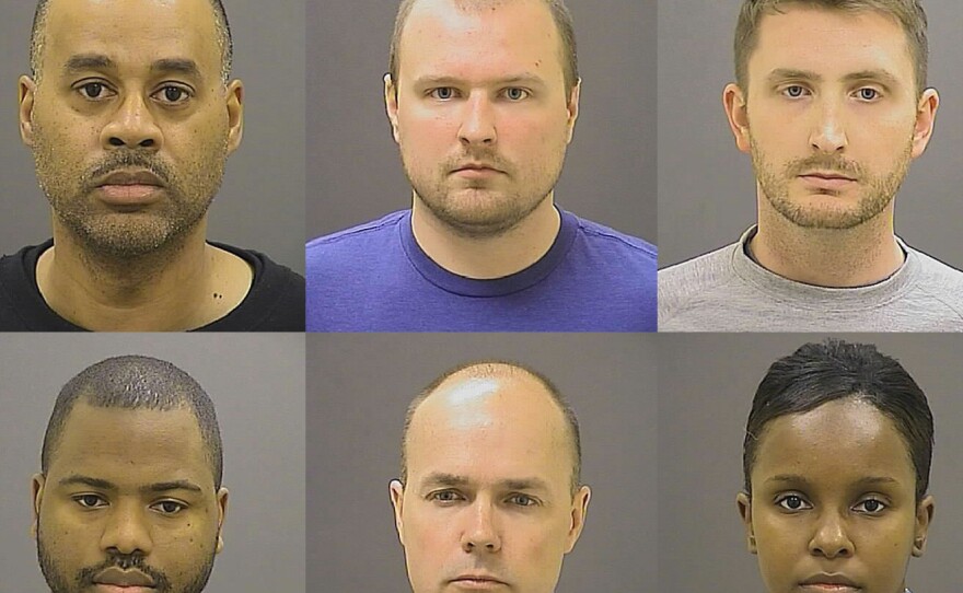 A photo provided by the Baltimore Police Department on Friday shows, top row from left, Caesar R. Goodson Jr., Garrett E. Miller and Edward M. Nero, and bottom row from left, William G. Porter, Brian W. Rice and Alicia D. White, the six police officers charged with felonies ranging from assault to murder in the death of Freddie Gray.