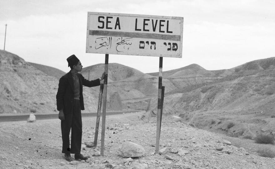A sign near the Dead Sea showing the sea level on Dec. 1, 1936. The lake itself was 1,312 feet below sea level at the time. The Dead Sea is the lowest exposed spot on earth.