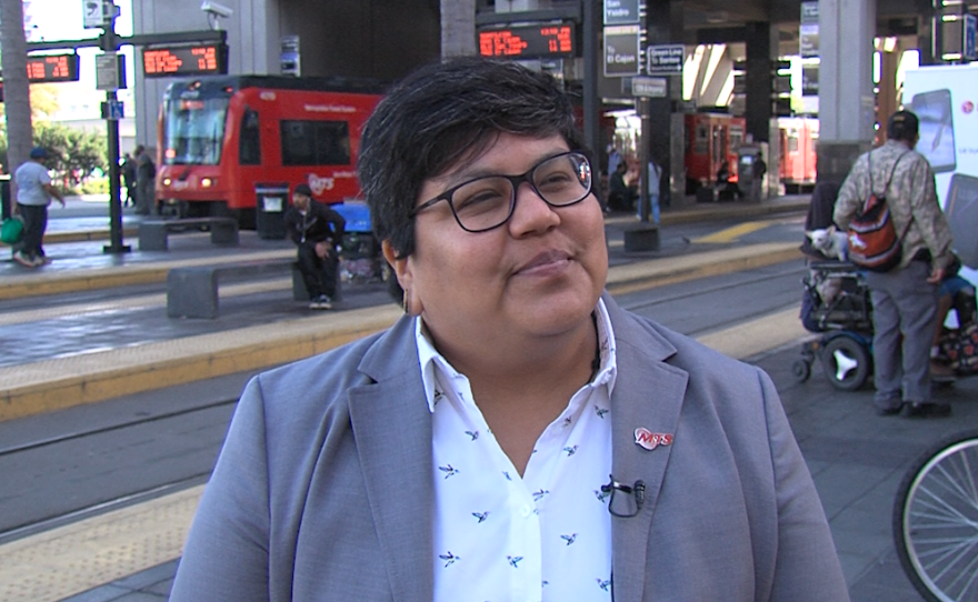 San Diego City Councilwoman Georgette Gomez stands in front of the 12th and Imperial trolley stop, Jan. 18, 2018.