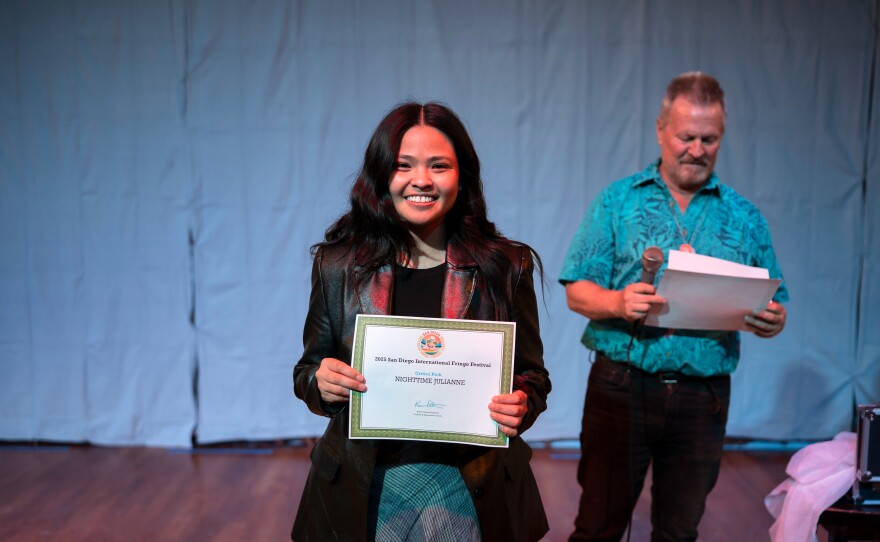 Lani Gobaleza with her award for Critics' Pick for her San Diego Fringe show, "Nighttime Julianne." May 25, 2025