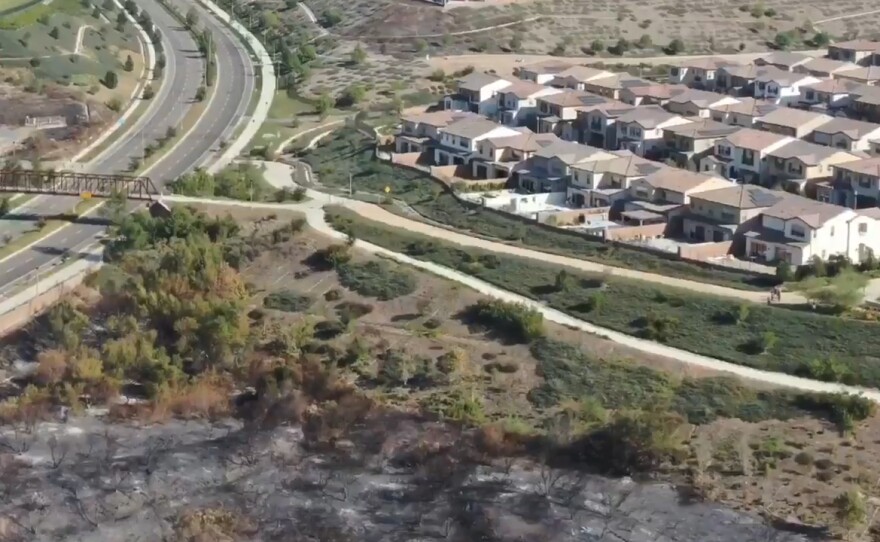 Aerial shot of the Silverado Fire released Oct. 28, 2020, showing how close the blaze came to some homes in Orange County.