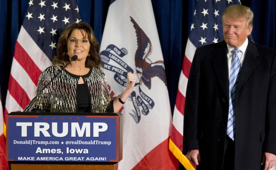 Former Alaska Gov. Sarah Palin endorses Republican Donald Trump for president in Ames, Iowa, on Tuesday.