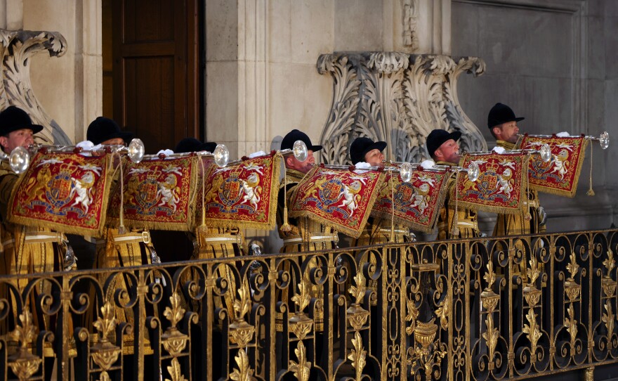 <strong>June 3:</strong> The Coat of Arms of HM Queen Elizabeth II hangs off the trumpet of a State Trumpeter at the National Service of Thanksgiving at St Paul's Cathedral.