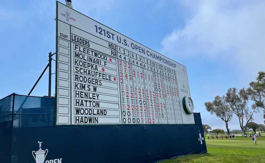 A scoreboard at the U.S. Open at Torrey Pines Golf Course. June 17, 2021.