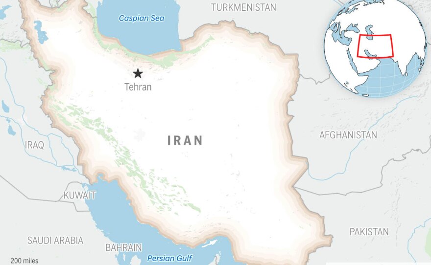 This is a locator map for Iran with its capital, Tehran.