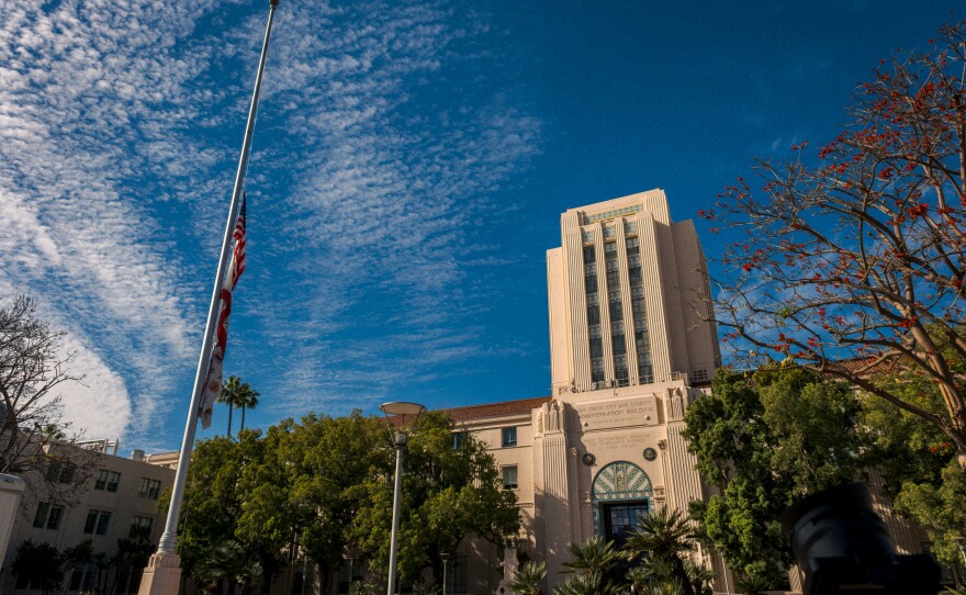 The flags outside the San Diego County Administration building in downtown are lowered to half-staff on Jan. 26, 2026. Board of Supervisors Chair Terra Lawson-Remer orded the flags lowered in