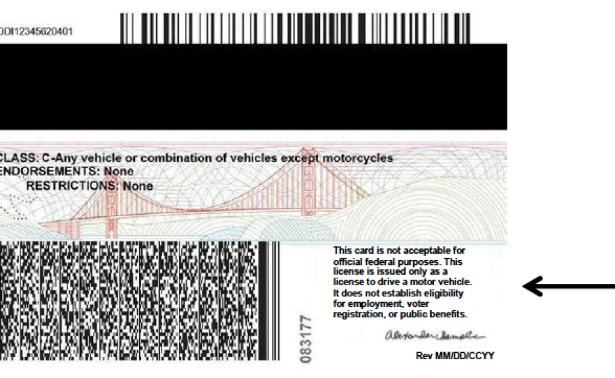 Back of new license for California drivers without legal immigration status. The license cannot be used as a federal ID card.