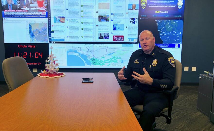 Chula Vista Police Captain Eric Thunberg discusses the purpose of the agency's real-time operation center inside the new facility. Dec. 7, 2021.