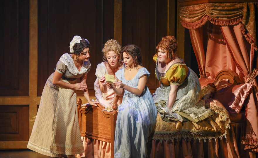 Krystina Alabado as Dabney, Kate Rockwell as Jane, Isabelle McCalla as Elinor, and Ryann Redmond as Petunia in the new musical, "Regency Girls" at the Old Globe Theatre. (2025)