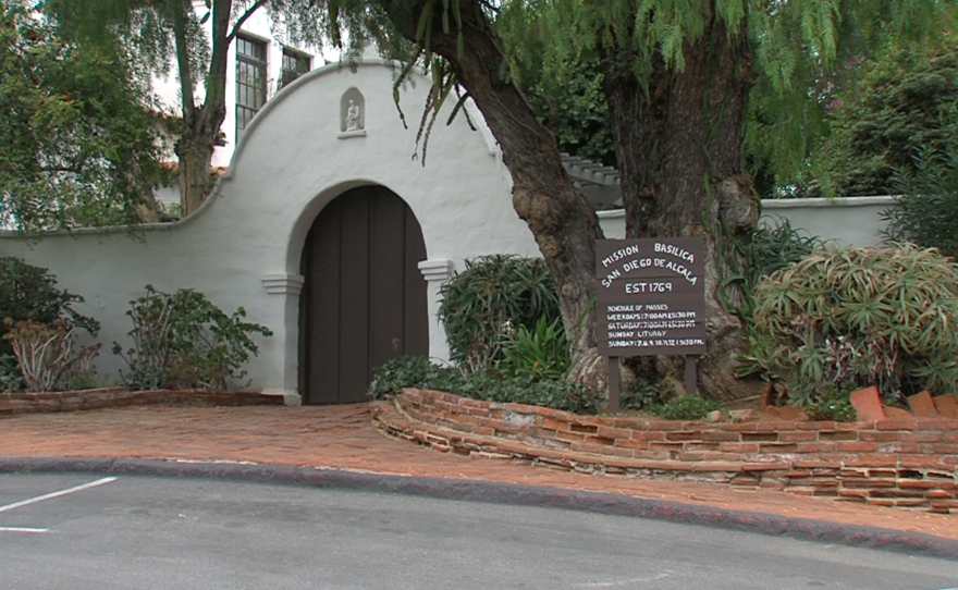 A sign marks the entrance of Mission San Diego, September 22, 2015.