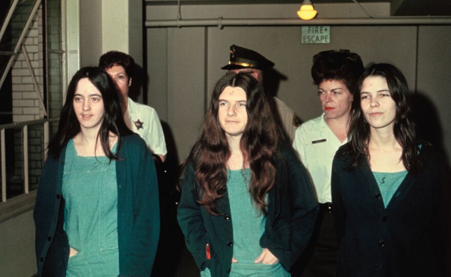 Manson "family members" Susan Atkins, Patricia Krenwinkle, and Leslie van Houton (from left to right).