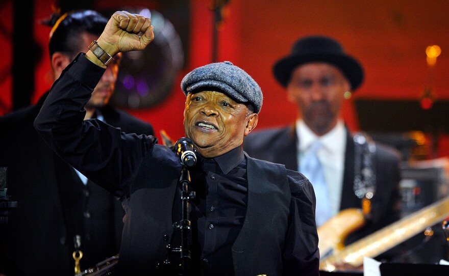 Hugh Masekela performs during the International Jazz Day 2015 Global Concert in Paris.