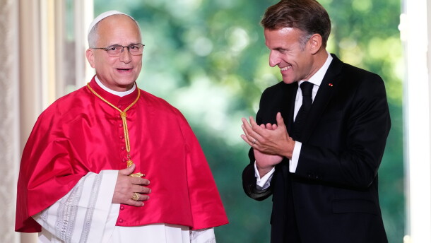 Pope Leo XIV, left, and French President Emmanuel Macron, attend a joint statement at the Elysee Palace, Friday, Sept. 25, 2026.