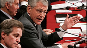 Sen. Chuck Hagel of Nebraska was the lone Republican voting for a resolution that declared President Bush's troop increase "not in the national interest."