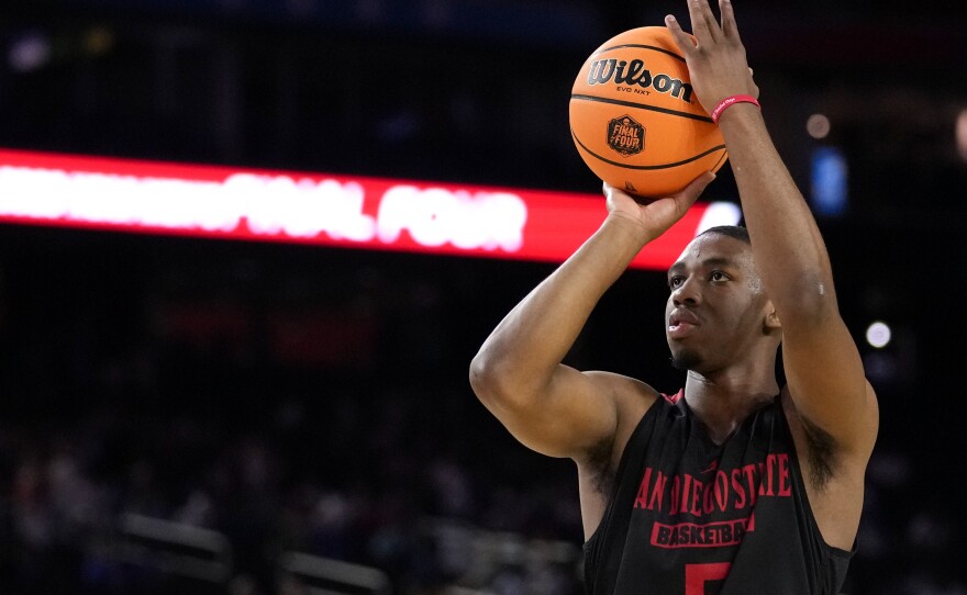 San Diego State guard Lamont Butler practices for their Final Four college basketball game in the NCAA Tournament on Friday, March 31, 2023, in Houston. San Diego State and Florida Atlantic play on Saturday.