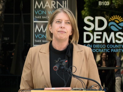 San Diego City Councilmember and Democratic nominee in California's 48th Congressional District, Marni von Wilpert, speaking in front of the San Diego County Democratic Party headquarters in Kearny Mesa, June 4, 2026.