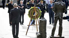From right to left, Defense Secretary Chuck Hagel; Army Gen. Martin E. Dempsey, chairman of the Joint Chiefs of Staff; Navy Adm. Jonathan Greenhart, chief of naval operations; Navy Secretary Ray Mabus; and Navy Adm. James A. Winnefeld Jr., vice chairman of the Joint Chiefs of Staff, honor the 12 victims of the Washington Navy Yard shooting during a ceremony at the Navy Memorial in Washington, D.C., Sept. 17, 2013.