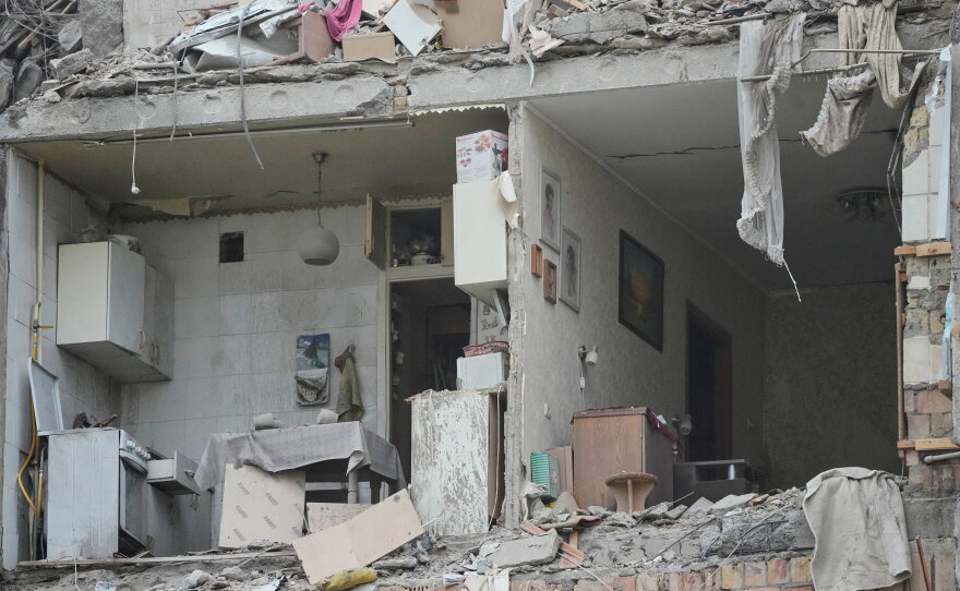 The damaged apartment interior in the ruined apartment building following Russia's missile attack in Kyiv, Ukraine, Monday.