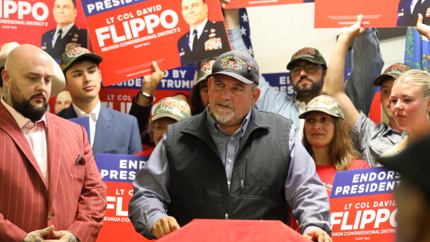 David Flippo, the Republican candidate for Congress in Nevada's 2nd Congressional District, speaks during a primary election night watch party June 9, 2026, in Reno, Nev.