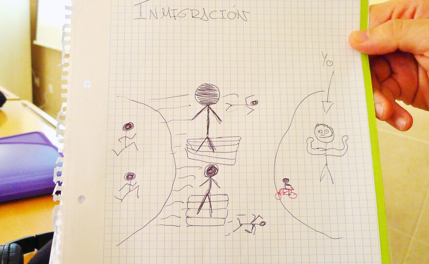 High school kids make drawings of what immigration means to them as part of a Stop Rumors seminar run by Malaga Welcome, an NGO that works with newly arrived migrants and tries to change stereotypes about them. This student's drawing is of migrants from Africa arriving on rafts on Spain's coast.