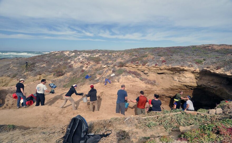 Cal State Los Angeles students excavating the cave on San Nicolas Island where the Lone Woman lived at least part of the time during her 18 years alone on the island from 1835 to 1853. 