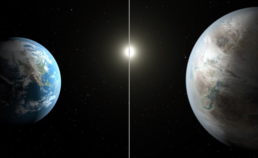 Artist's concept compares Earth (left) to the new planet, called Kepler-452b, which is about 60 percent larger in diameter.