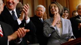 House Majority Leader Steny Hoyer (D-MD), Rep. John Larson (D-CT), Speaker of the House Nancy Pelosi (D-CA) and Rep. Rosa DeLauro (D-CT) hold a news conference after the House passed health care reform legislation at the U.S. Capitol March 22, 2010 in Washington, DC. 