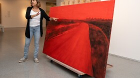 Rescued from her studio in Kibbutz Be'eri near Israel's border with Gaza, artist Ziva Jelin's damaged painting <em>Curving Road </em>is currently on special display in the Israeli Art gallery of the Israel Museum in Jerusalem.
