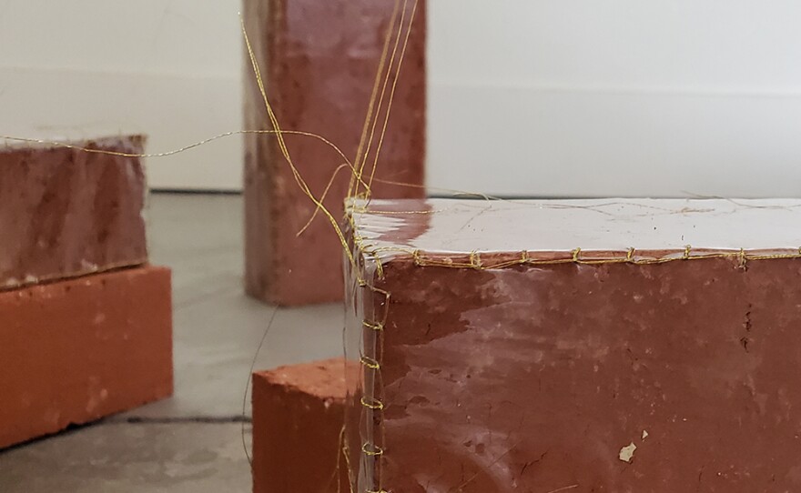 Detail of Nassem Navab's installation-in-progress at Art Produce in North Park in May 2020.