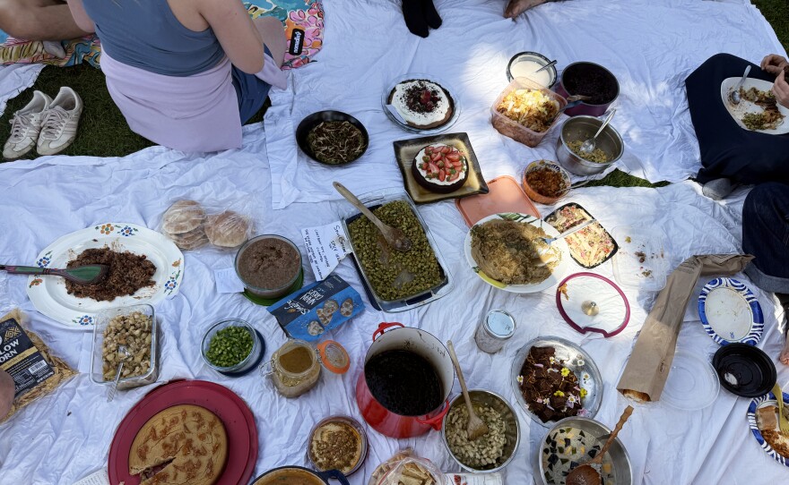 Dozens of people brought a variety of dishes to a bean meetup hosted by Madeline Schapiro in Berkeley, California.