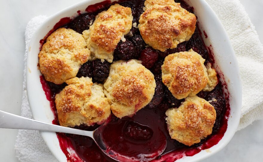 Martha prepares an unforgettable flaky biscuit-topped blackberry cobbler.