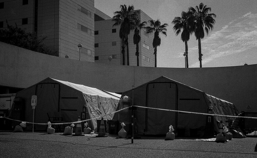 As cases in New York City surge, disaster tents are erected and await use outside of the Los Angeles County-USC Medical Center emergency department in preparation for the worst.