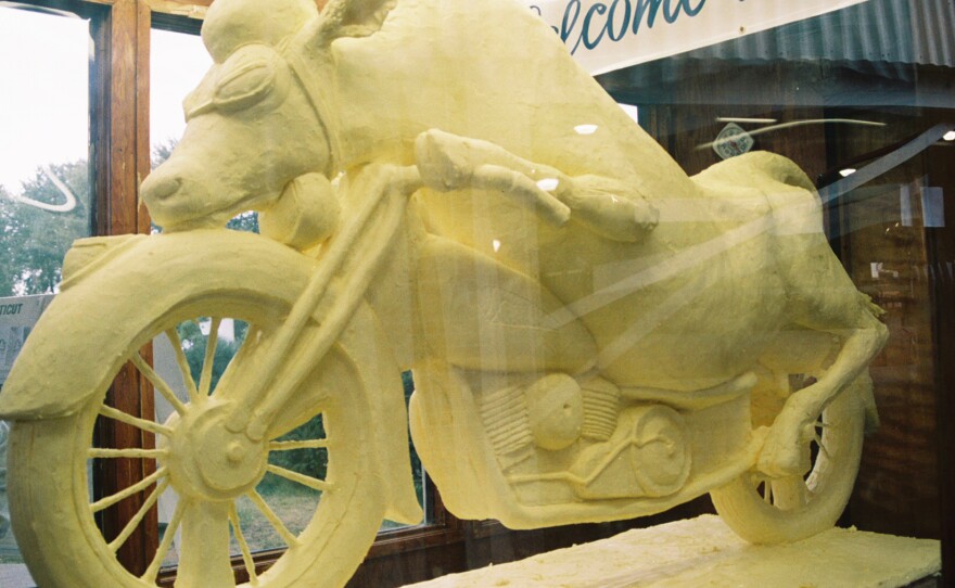 Cow on a motorcycle, by Jim Victor and Marie Pelton