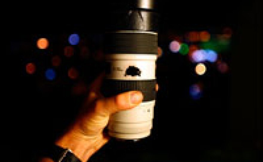Gilkey's lens is seen here after being pierced with what he assumes to have been a rubber bullet — though he says it's hard to know for sure — while he was covering the Gaza conflict from Israel.