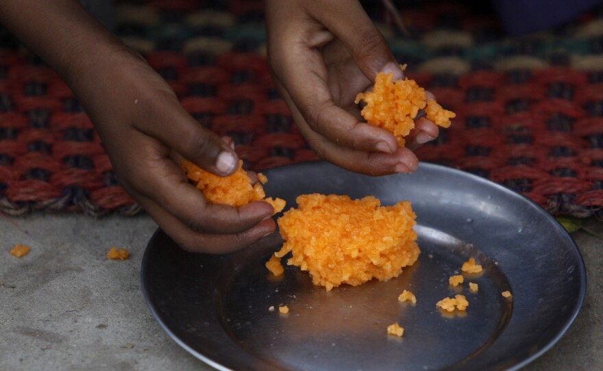 Sweetened rice is a popular dessertand snack in India. This dish, traditionally made with a pinch of saffron and cardamom powder, was served at a school on the outskirts of Jammu in northern India.