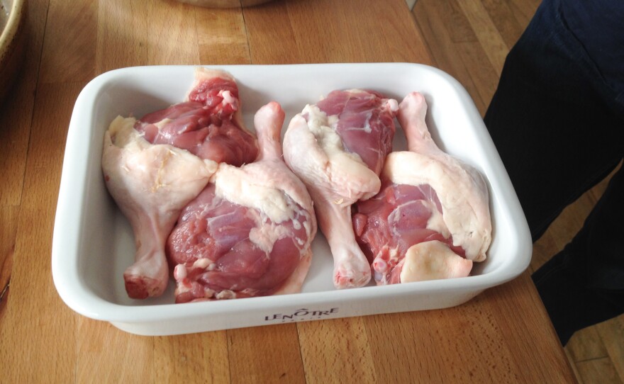 One of most important elements of this method of faking duck confit, says Lebovitz, is the baking dish. It's got to be small, so that the duck legs are pressed snugly together.