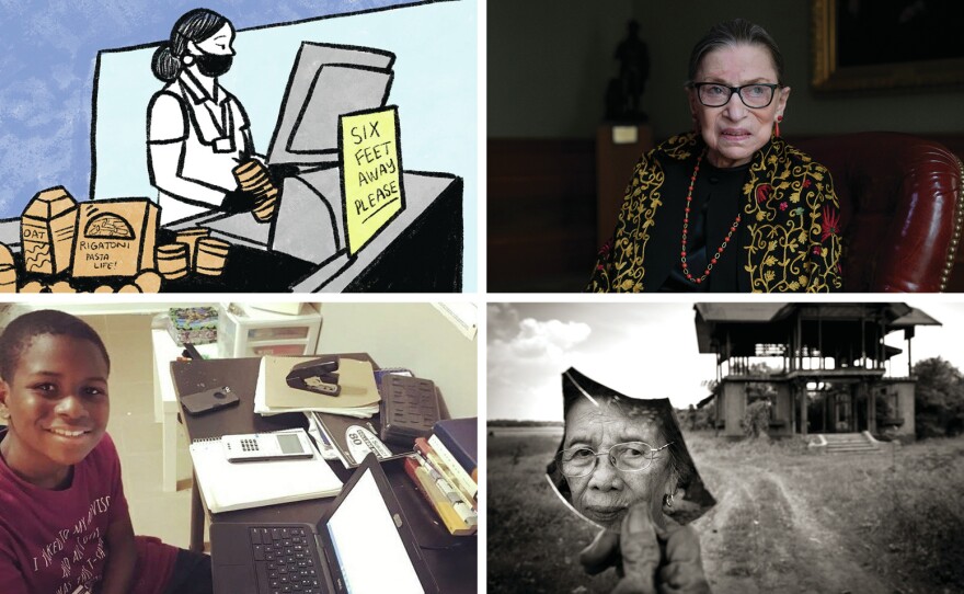 Clockwise from top left: A scene from a comic about grocery store workers during the pandemic; a 2019 portrait of Supreme Court Justice Ruth Bader Ginsburg; Pilar Quilantang Galang was raped by members of the Japanese Imperial Army in 1944; Caleb Anderson, 12, attends virtual calculus class at Chattahoochee Technical College in Marietta, Ga., where he is a sophomore.