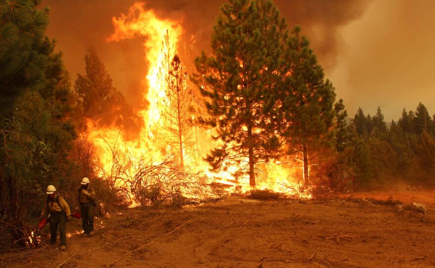 Two Silver State hotshots stand near flames from the Rim Fire burning in and near Yosemite National Park, Aug.  30 , 2013. 