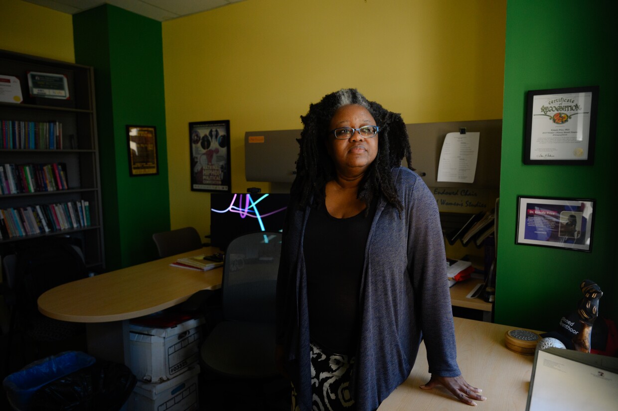 Kimala Price, chair of the Women's Studies Department at San Diego State University, stands for a portrait at her office in San Diego on April 16, 2024.